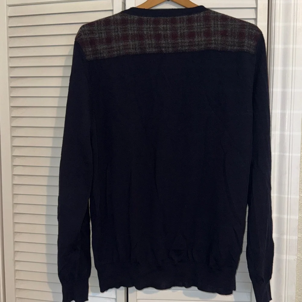 Faconnable Dark Navy Zip-Up Sweater with Plaid Shoulders - XL
